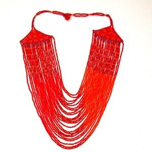 Bright Orange-Red Multi Strand Beaded Necklace